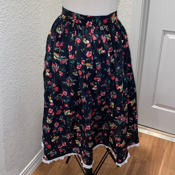Vintage High Waist A-Line Midi Skirt w/ Floral & Hat All Over Print & Lace Sz Sm - Picture 1 of 7